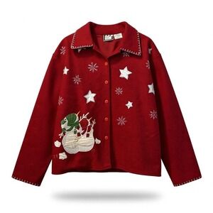 Vintage Womens Red Wool Blend Snowman Cardigan Jacket Blanket Stitch Take Two LG